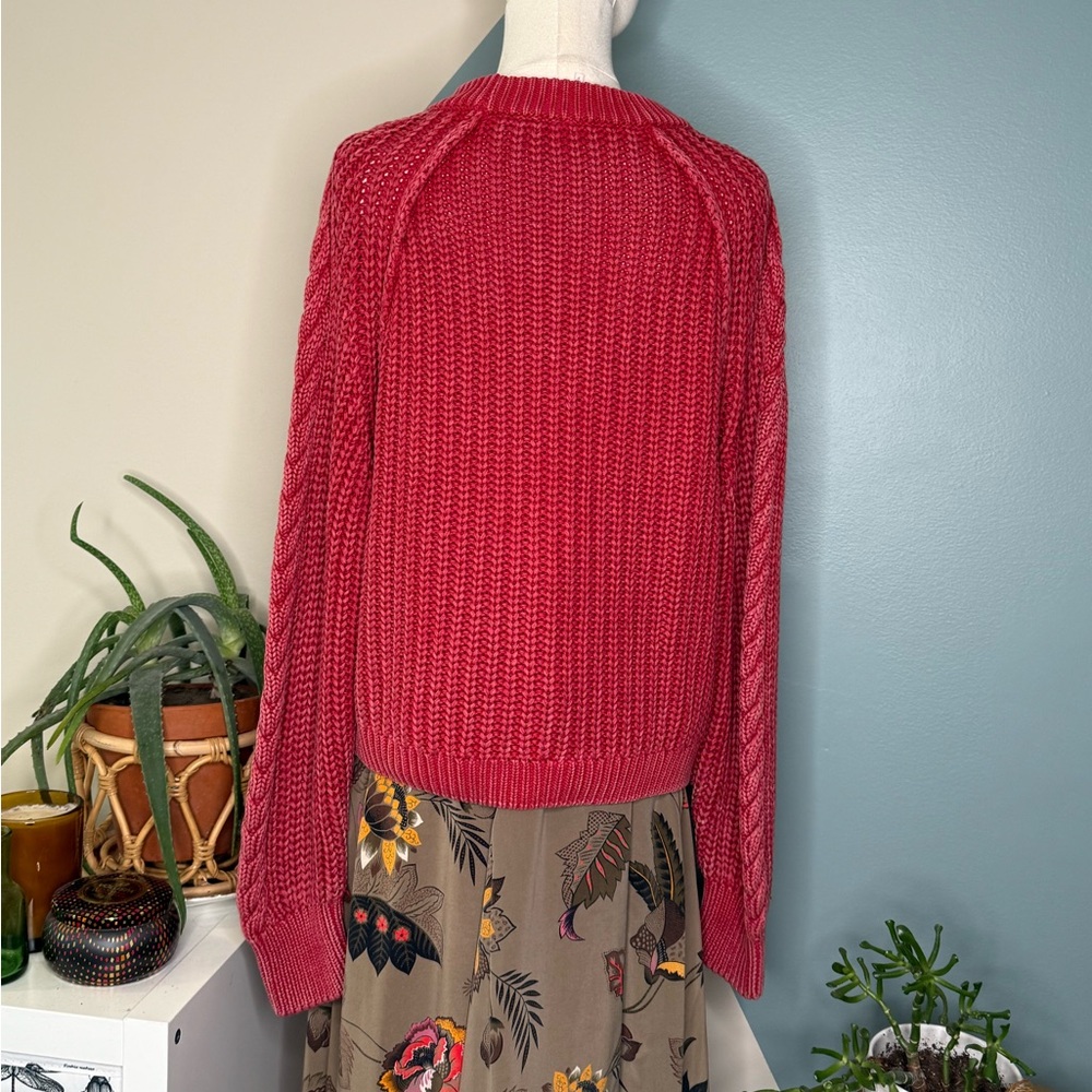Free People Chunky Cable Knit Sweater Berry Red Cotton Cropped Cozy Knit Small - Picture 5 of 12